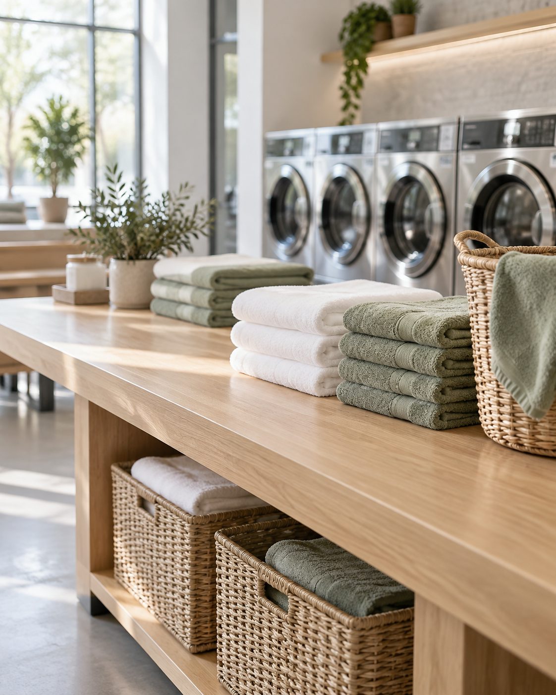 Illustration of folded towels on a timber bench beside woven baskets